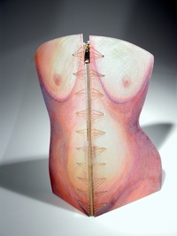 <div class='title'>Keeping It Together</div><br>plate glass, prismacolor, zipper, thread<br>19"h x 13"w x 8"d<br>