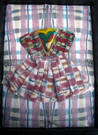 <div class='title'>June Cleaver Unplugged</div><br>fused glass, zippers, fabric, acrylics, wood cabinet<br>19.5"h x 14.5"w x 4"d<br>SOLD