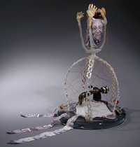 <div class='title'>Tower of Industry, Grandmother Stitches</div><br>flameworked glass, mixed media<br>14.5"h x 9"w x 9"d<br>