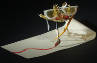 <div class='title'>Skewed View</div><br>flameworked glass, gold/silver foil, acrylics<br>12"h x 12"w x 18"d<br>SOLD