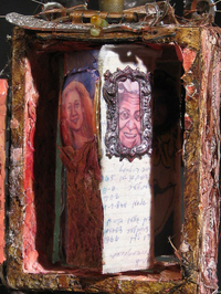 <div class='title'>The Thread That Binds Us</div><br>Flameworked hand, photos of artists portraits, vintage book cover, hinges, zipper, artist-made tatting, fescue seed, weeds, mirror, sewing pins, egg shells, fabric, metal parts, thread, copper foil, acrylics <br>Closed: 11"w x 7.5"h x 5"d; Open: 11"w x 10"h x 5"d<br>