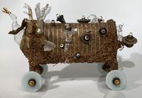 <div class='title'>Caretakers</div><br>flameworked, kiln-cast and fused glass, vintage heater and metals, acrylics<br>14"h x 11"w x 21"d<br>