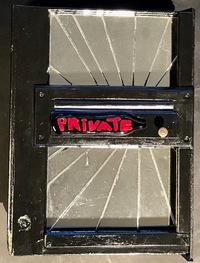 <div class='title'>Seeking Eternity</div><br>fused glass, mirror, found boxes, piano hinges, acrylics, found object (handle)<br><br>